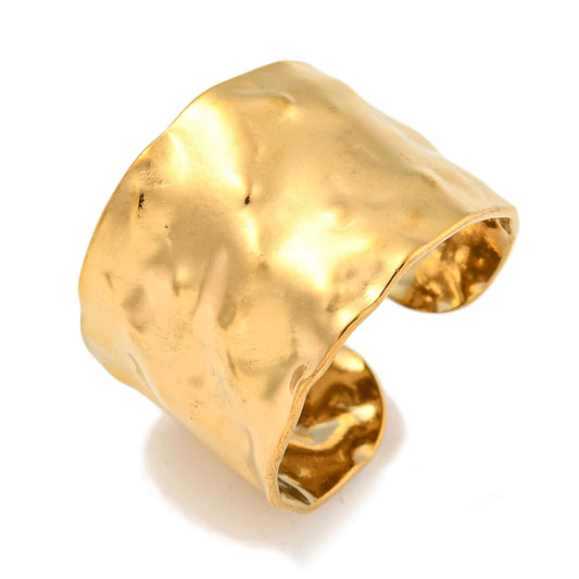 Hammered gold open cuff ring with curved open ends and adjustable fit