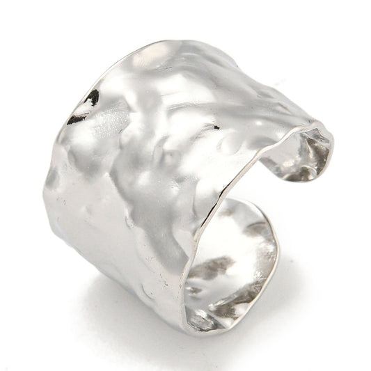 Hammered open cuff ring, silver-tone, wide curved band, adjustable fit