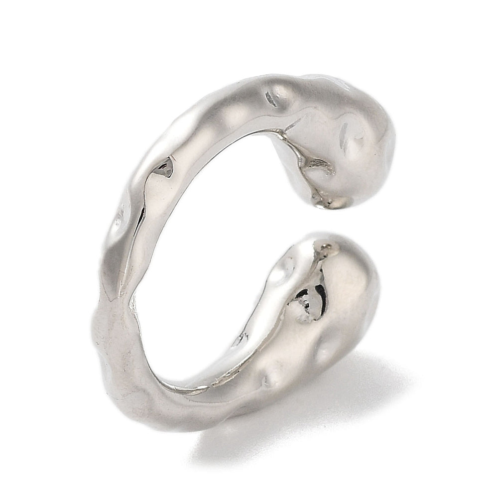 Platinum plated open cuff ring with wavy scalloped edges, silver-tone