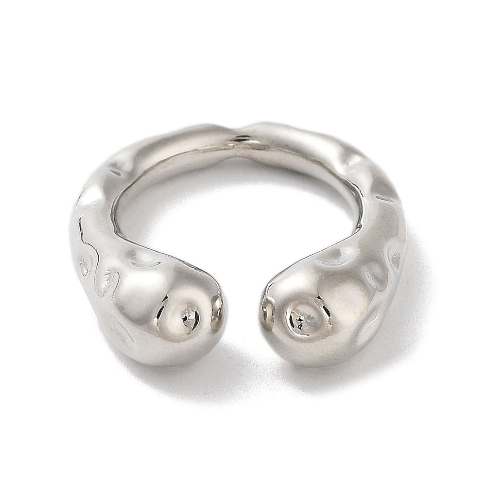 Platinum plated open cuff ring, rounded knuckle-like details, silver-tone