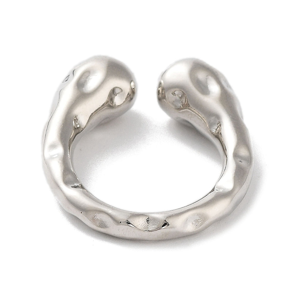 Platinum plated open cuff ring with chunky curved texture, silver-tone