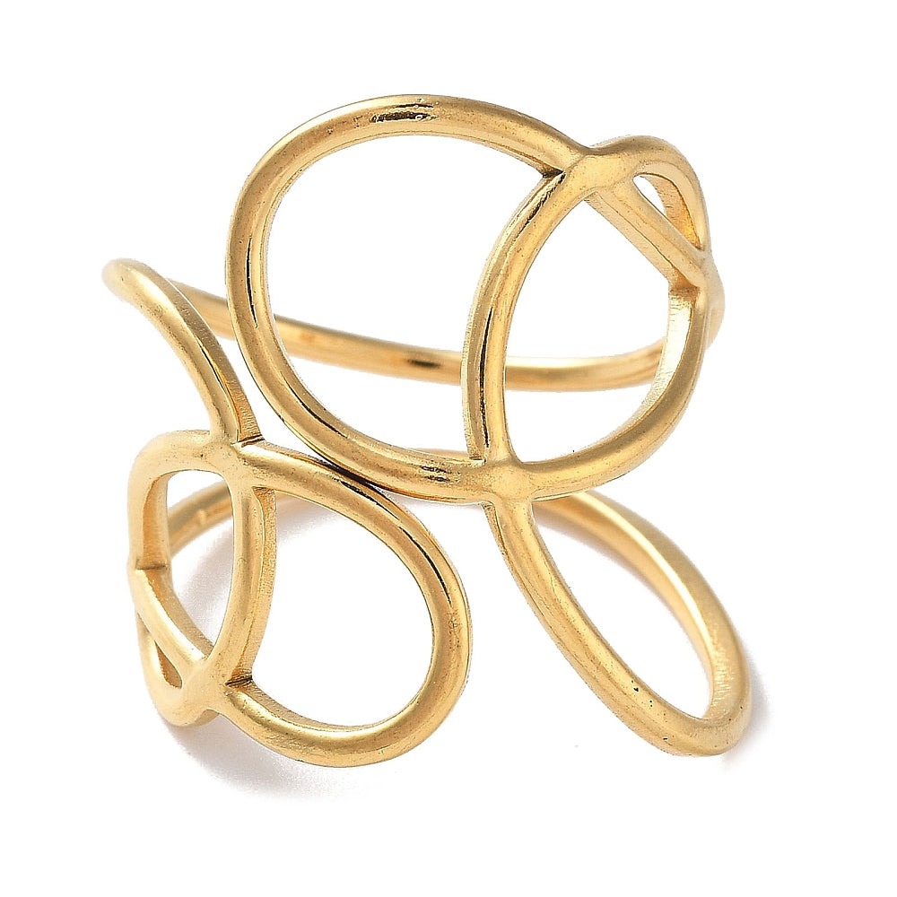 Gold open cuff ring with overlapping irregular loops and oval cutouts