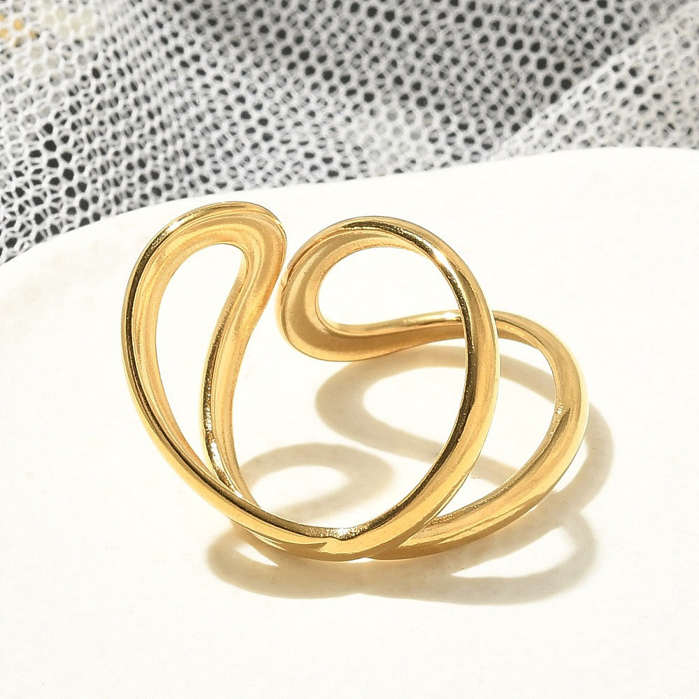 Gold-plated open cuff ring with heart-shaped double loop design
