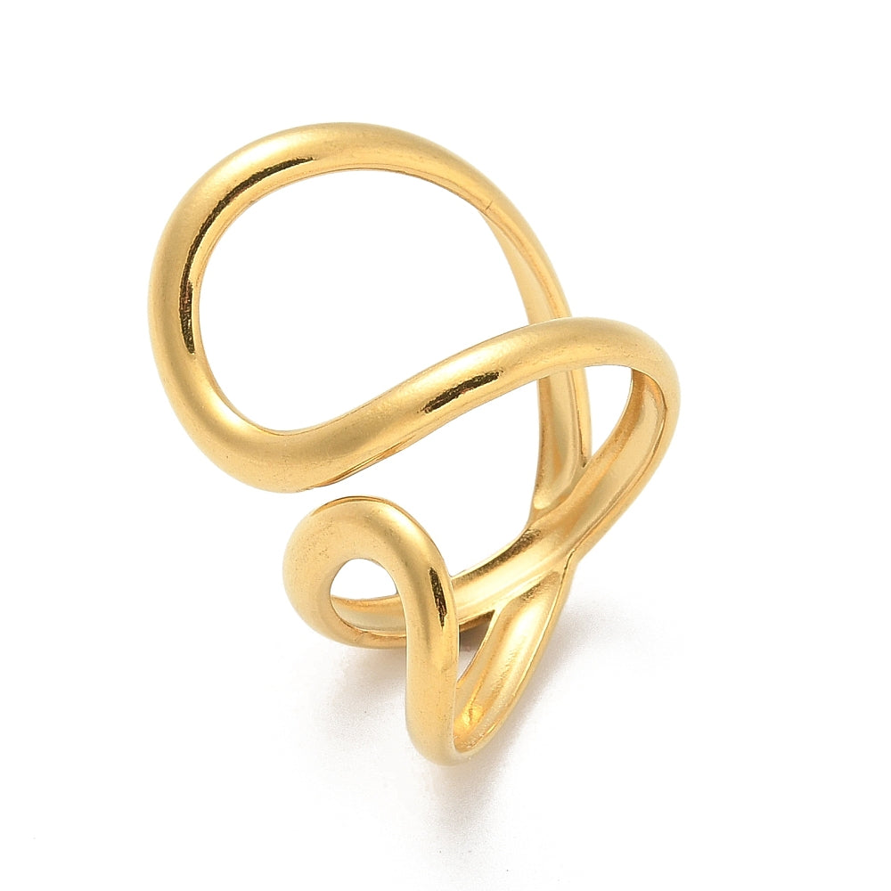 Gold-plated open cuff ring, angled view of open interlocking bands