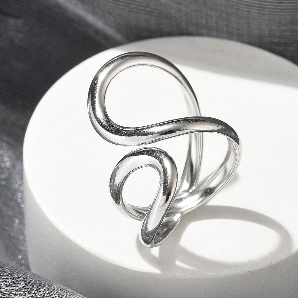 Stainless steel open cuff ring, silver tone, twisted open loops detail