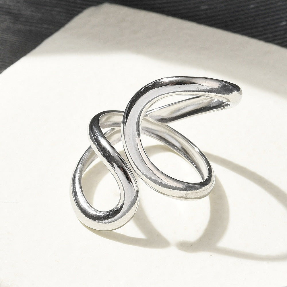 Stainless steel open cuff ring with two curved open bands, silver tone