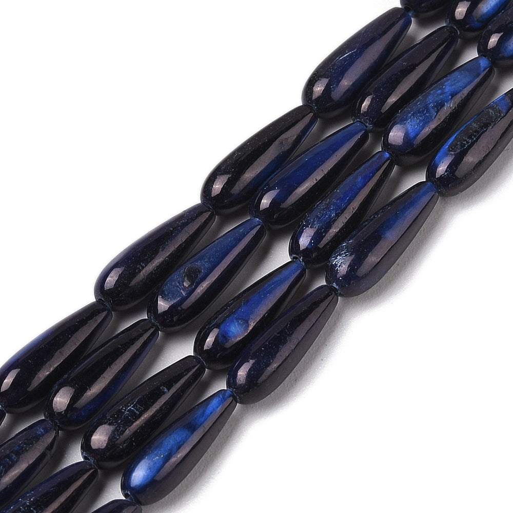 Teardrop shell bead strand, midnight blue glossy with blue iridescent highlights