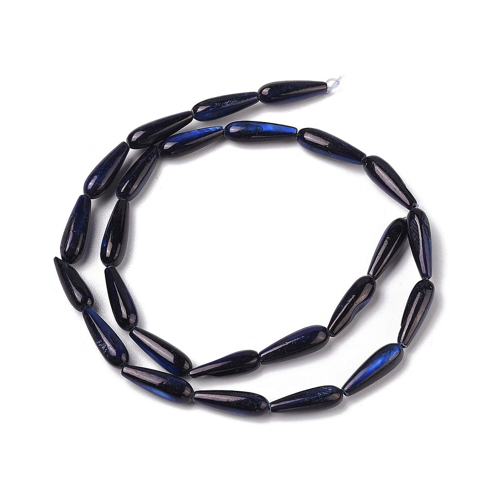 Looped midnight blue teardrop shell bead strand, glossy with blue sheen