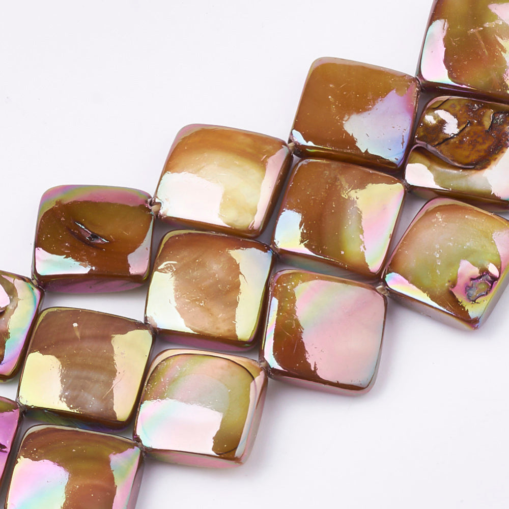 Freshwater shell bead strand with dark goldenrod iridescent rhombus beads, glossy