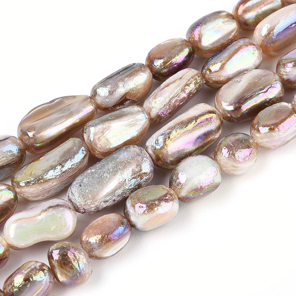 Electroplated shell nugget bead strand with iridescent oval beads in tan tones