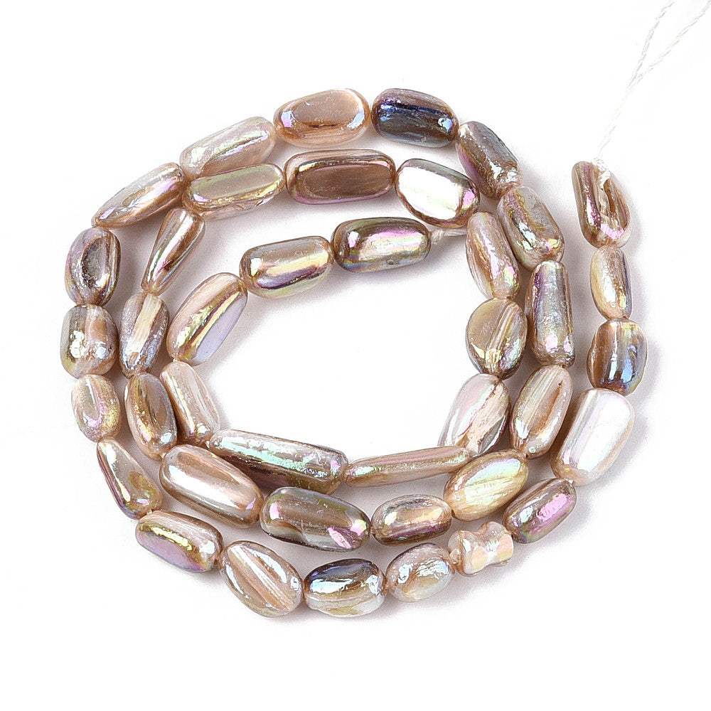 Electroplated shell nugget bead strand shown in a circular loop, iridescent tan beads