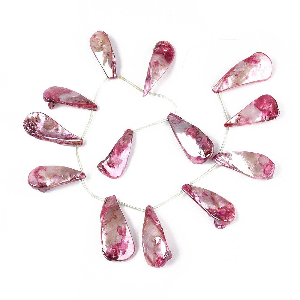 Cerise teardrop shell bead strand on wire, assorted glossy translucent beads