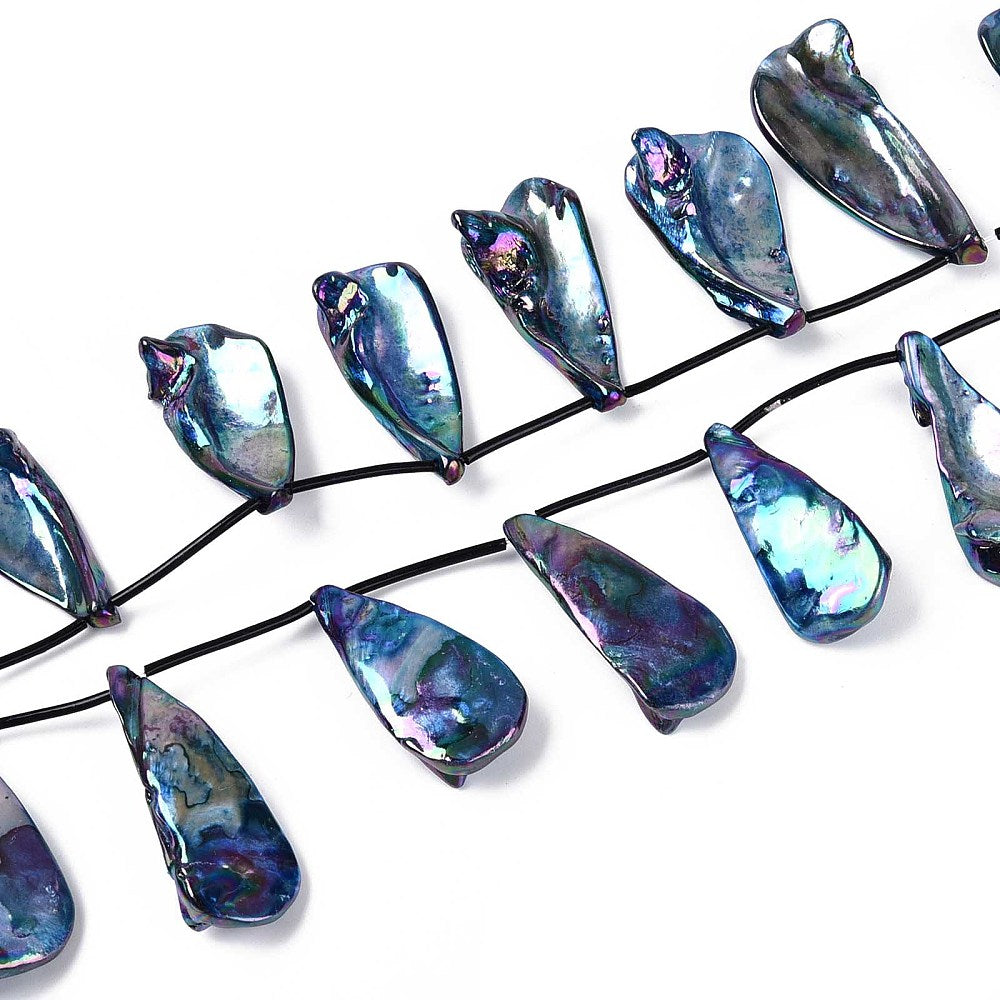 Teardrop shell bead strand with dark cord, iridescent blue-purple marbled beads