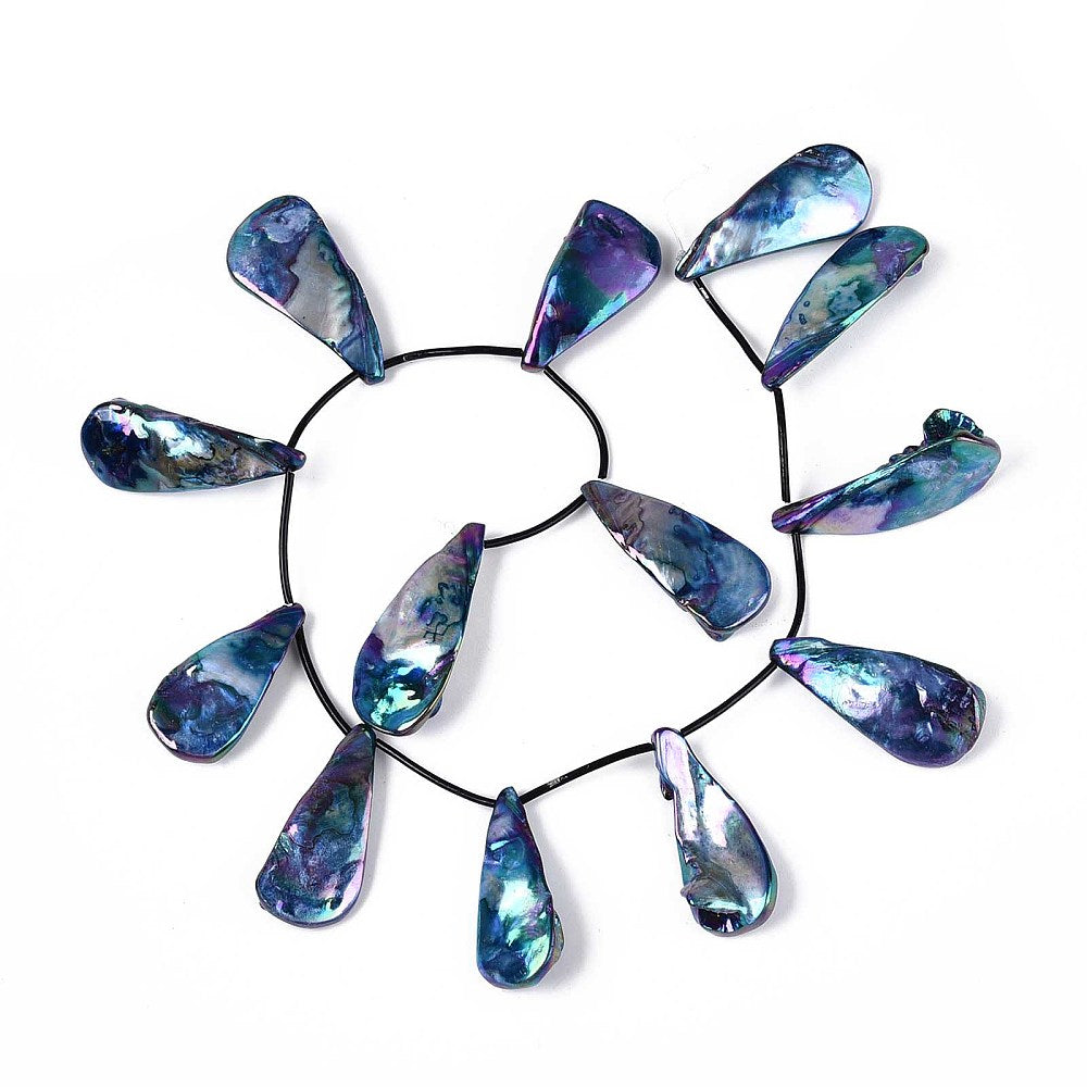 Teardrop shell bead strand, iridescent blue and purple teardrop beads on black cord