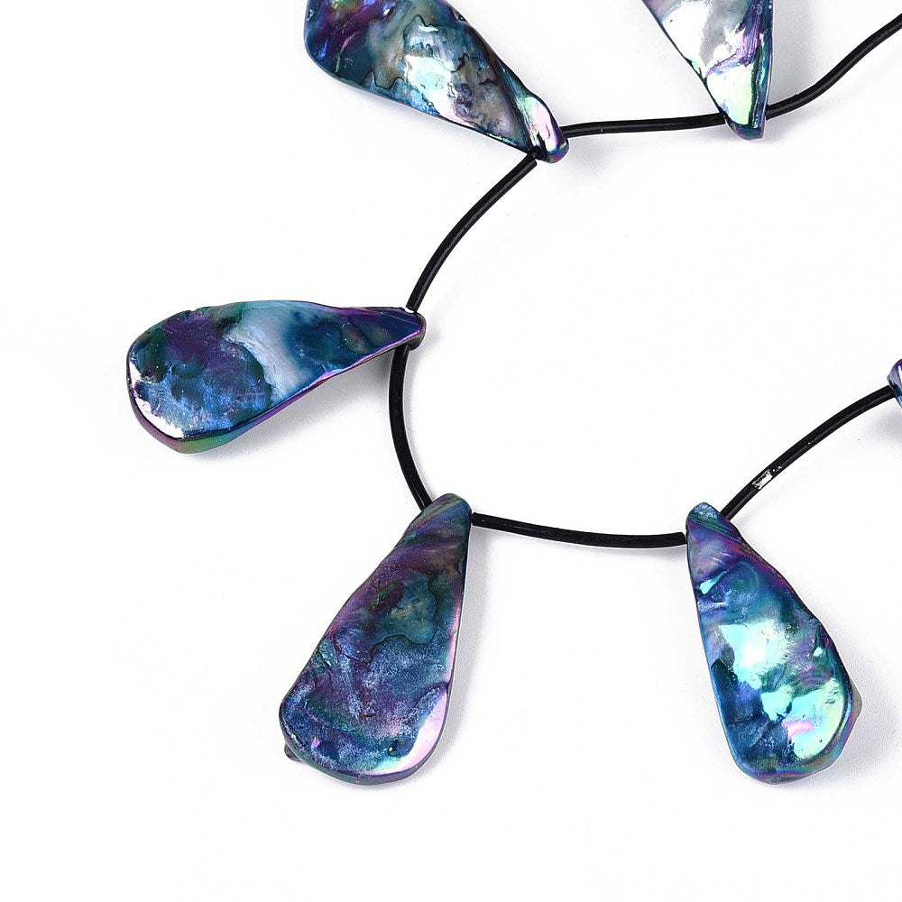 Teardrop shell beads on black cord, iridescent blue-green and purple marbled drops