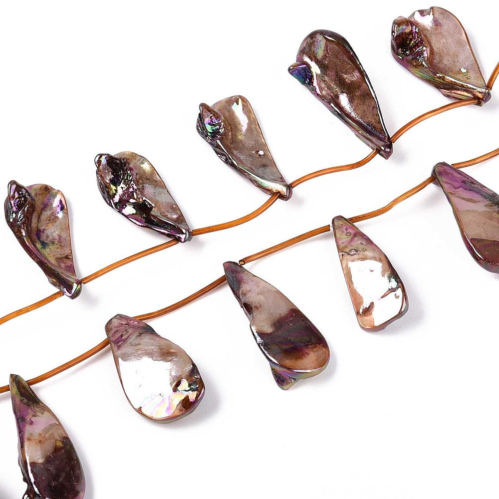 Teardrop shell bead strand with camel-brown iridescent center, top-drilled beads