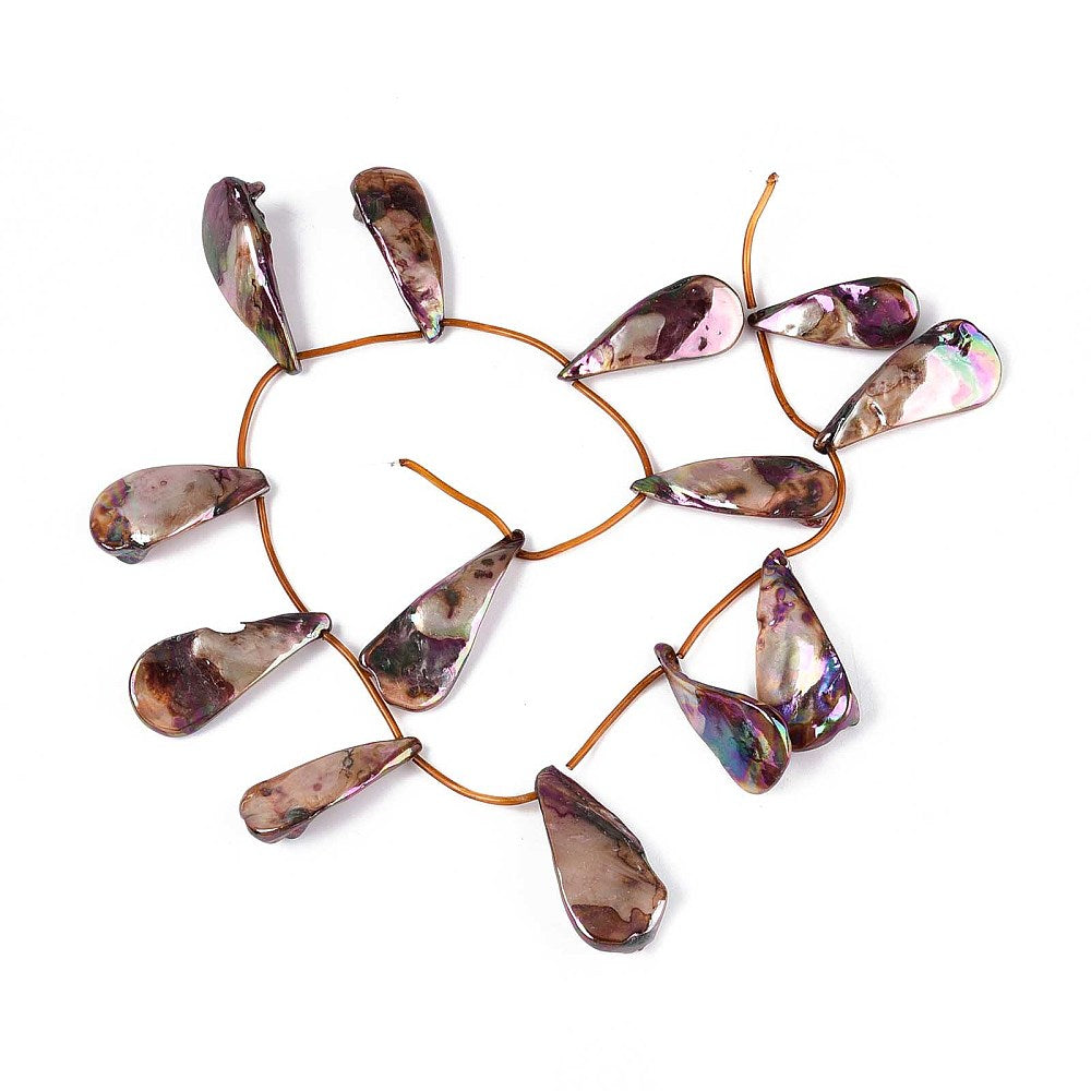 Teardrop shell beads on brown cord, glossy purple-pink iridescence, top drilled