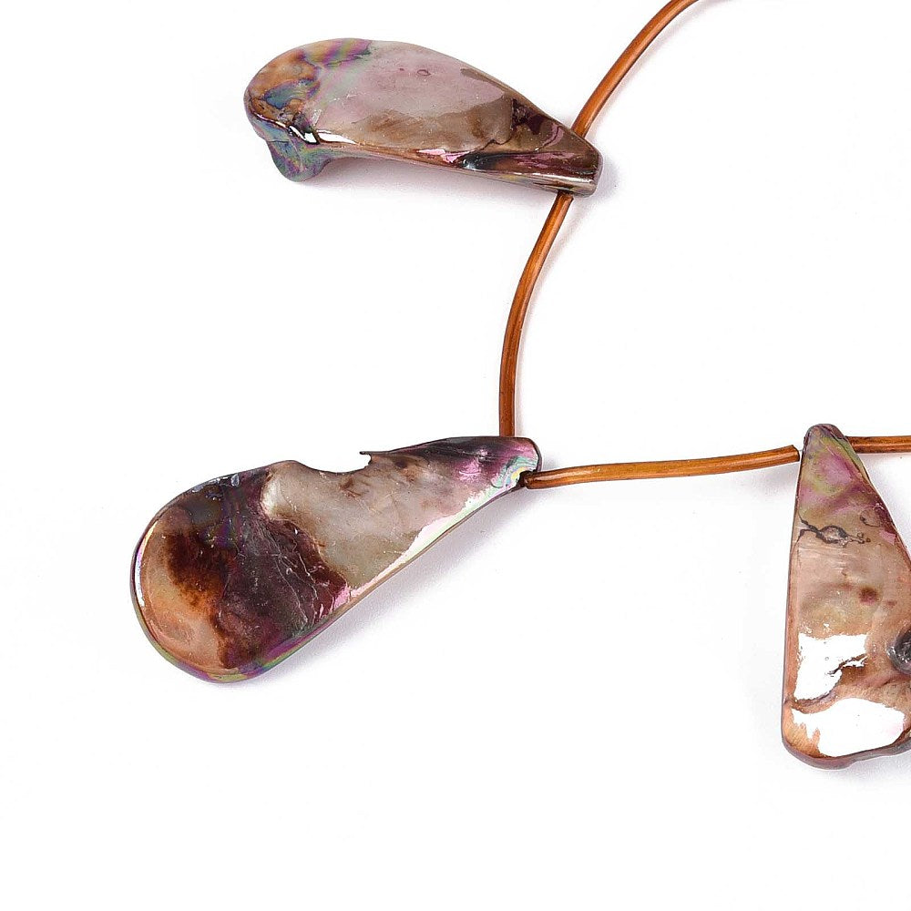 Large teardrop shell bead strand, camel-brown with iridescent pink-purple highlights