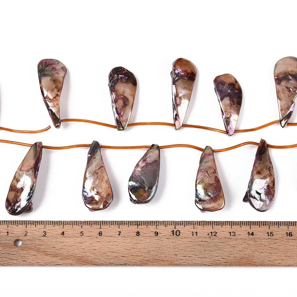 Teardrop shell bead strand with camel-brown iridescent luster; top-drilled beads