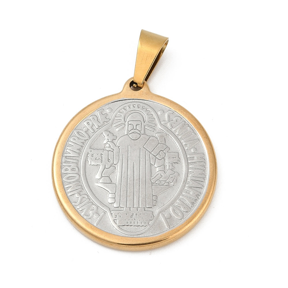 Two-tone stainless steel Saint Benedict medal pendant with bail, gold edge and silver front
