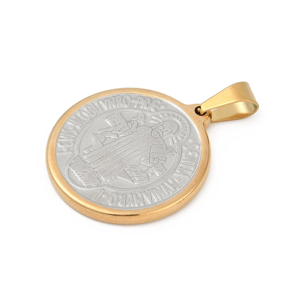 Round medal pendant with Saint Benedict design, silver center and gold rim, bail top