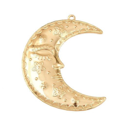 Gold-tone crescent moon pendant with embossed flower and star details, top loop