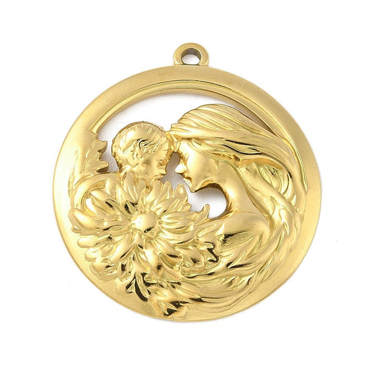 Gold round mom and baby flat pendant with floral relief and top loop bail