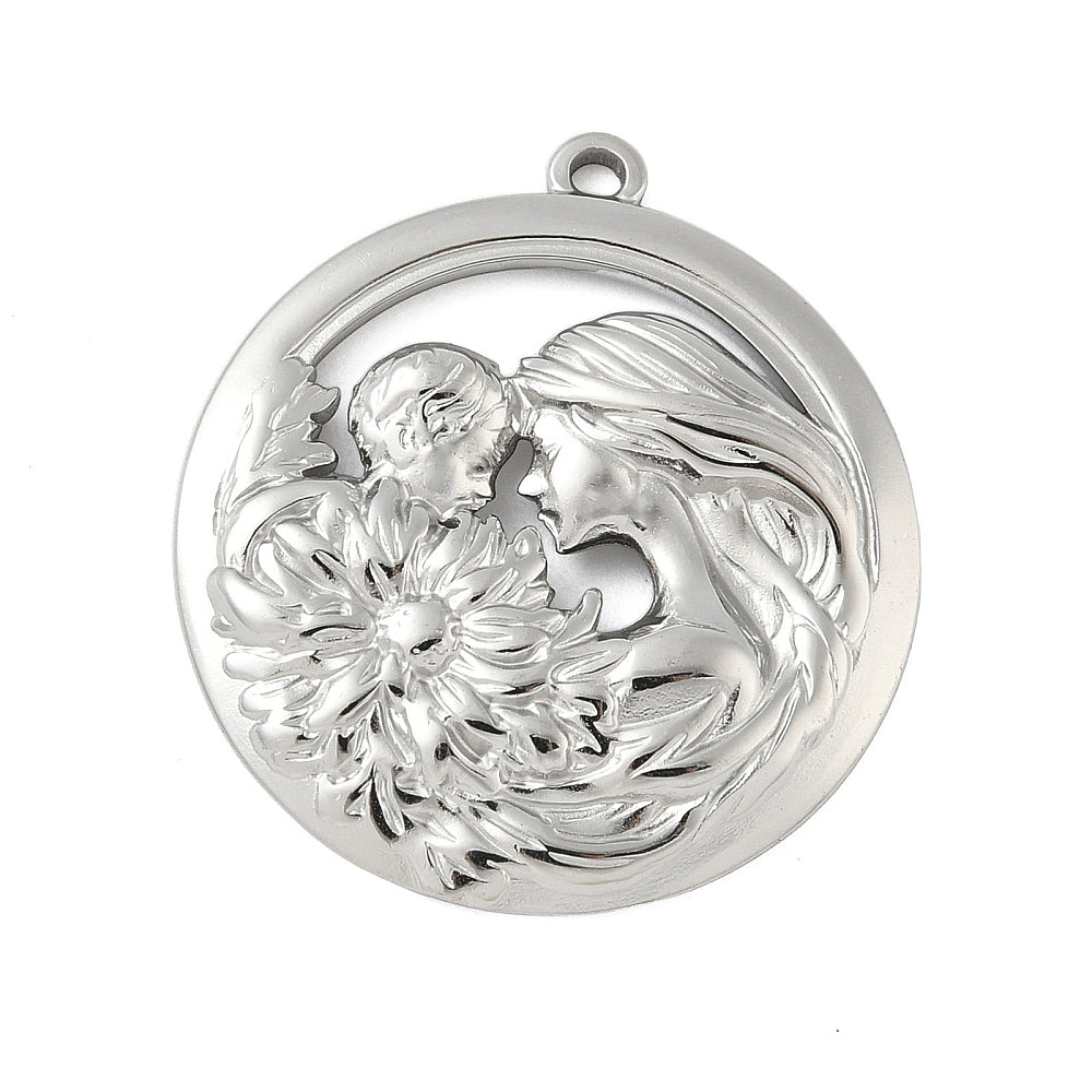 Round silver mom and baby pendant with floral relief and top loop bail