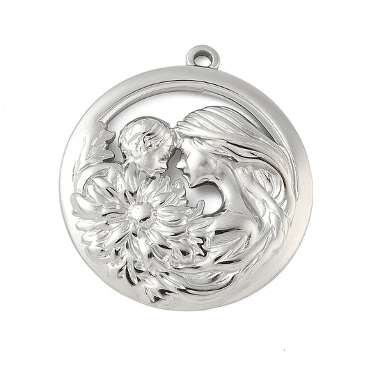 Round silver mom and baby pendant with floral relief and top loop bail