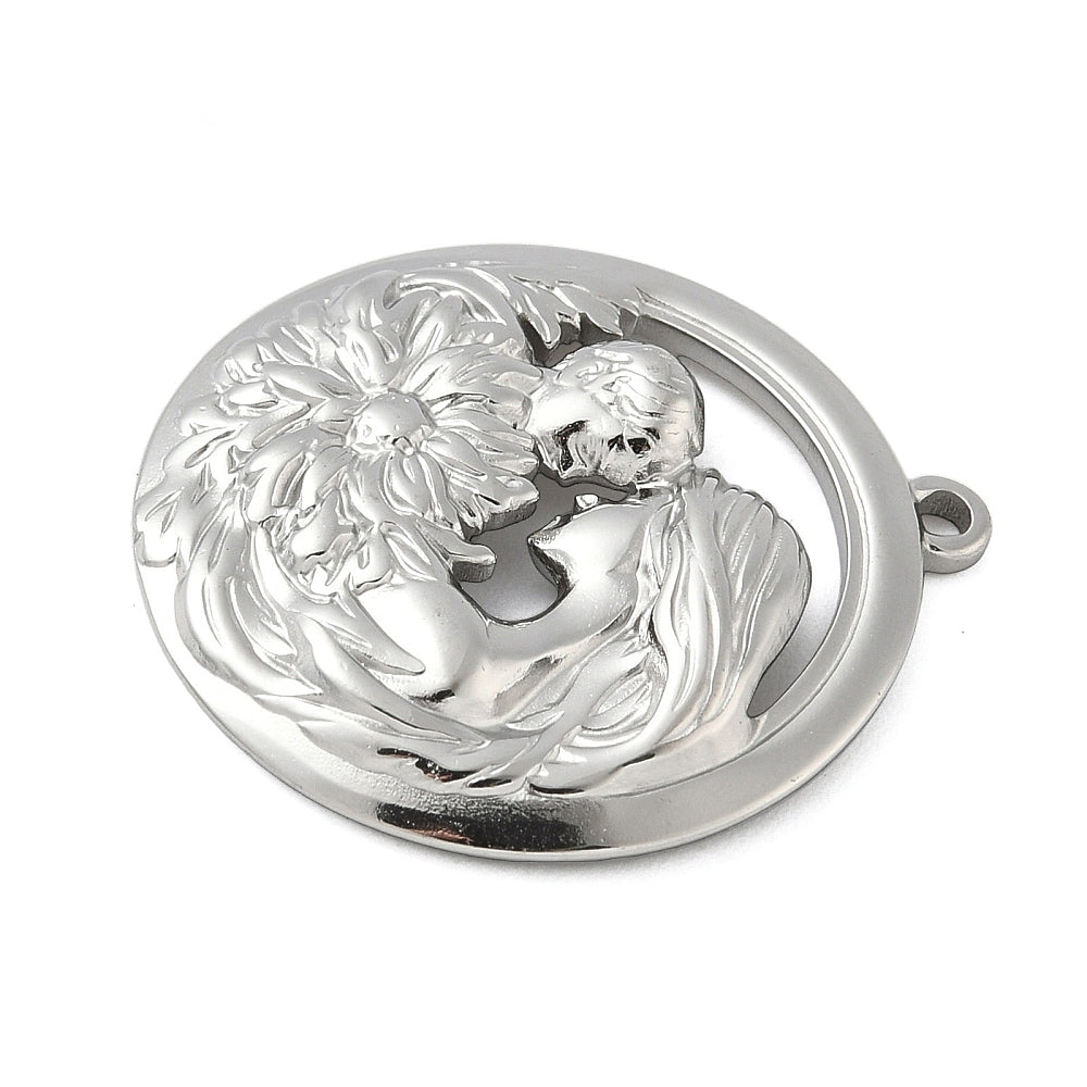 Round silver mom and baby pendant, floral relief detail, loop bail