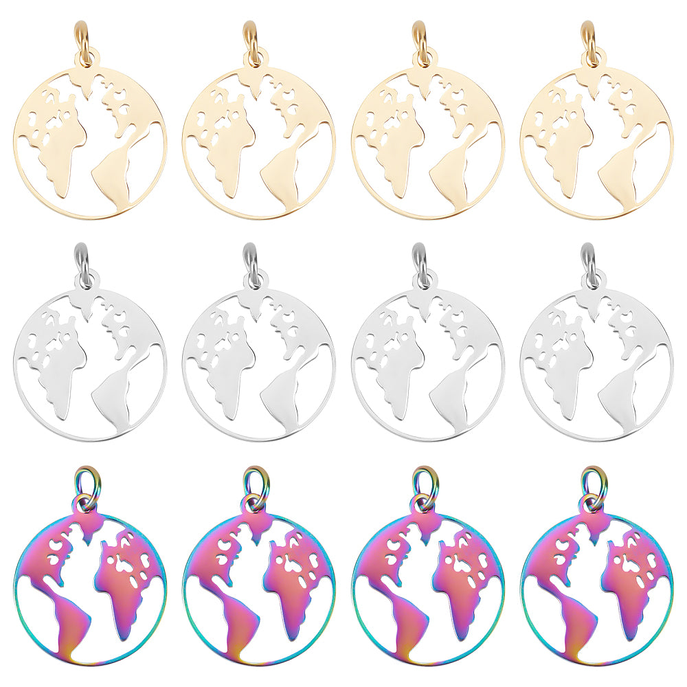 Round world map pendant set, gold and silver stainless steel with globe cutouts
