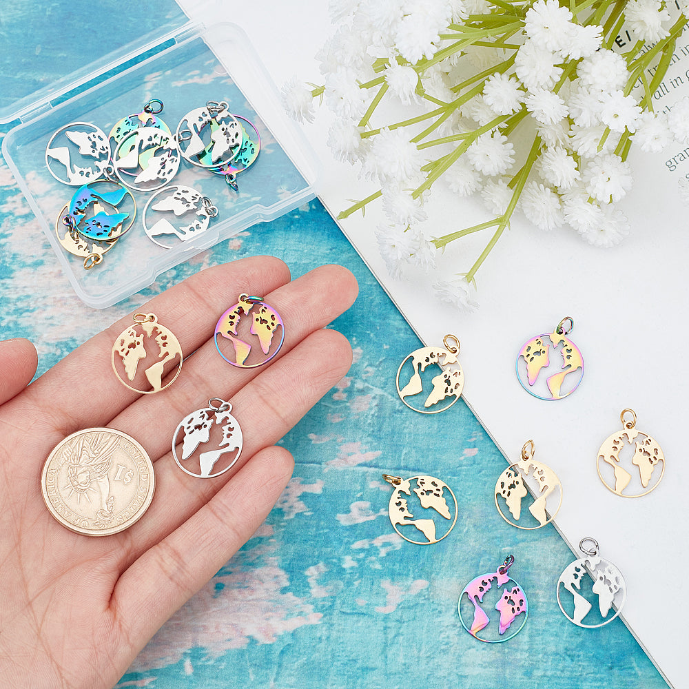 World map pendant charms on chain, mixed-color enamel globe with metal ring