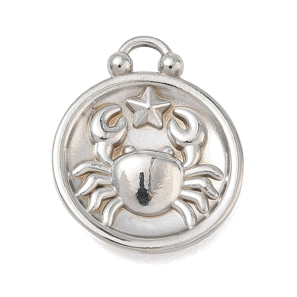Stainless steel cancer constellation pendant with crab and star, round bezel, top loop