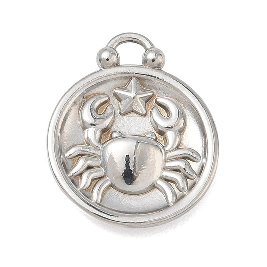 Stainless steel cancer constellation pendant with crab and star, round bezel, top loop