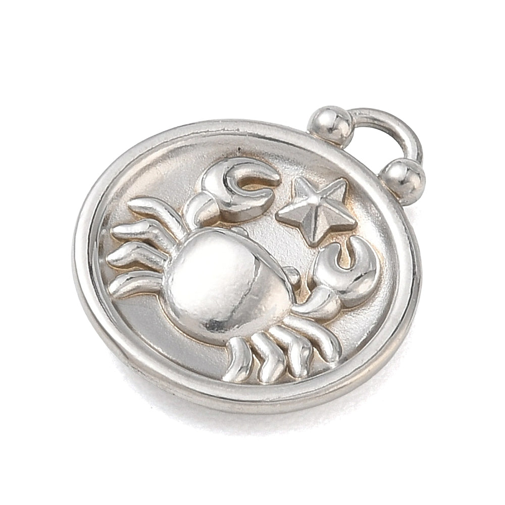 Stainless steel crab constellation pendant with star accents, round face, double bail