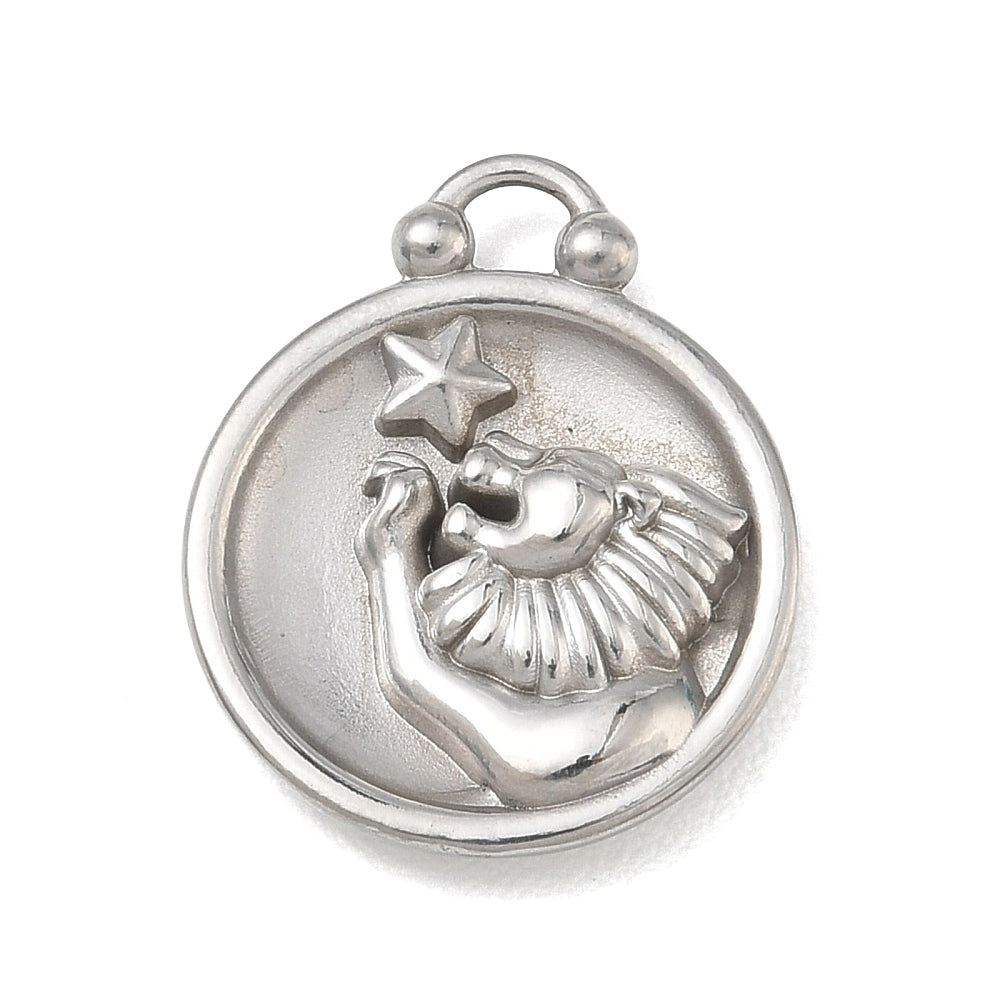 Round stainless steel leo constellation pendant with star and archer motif