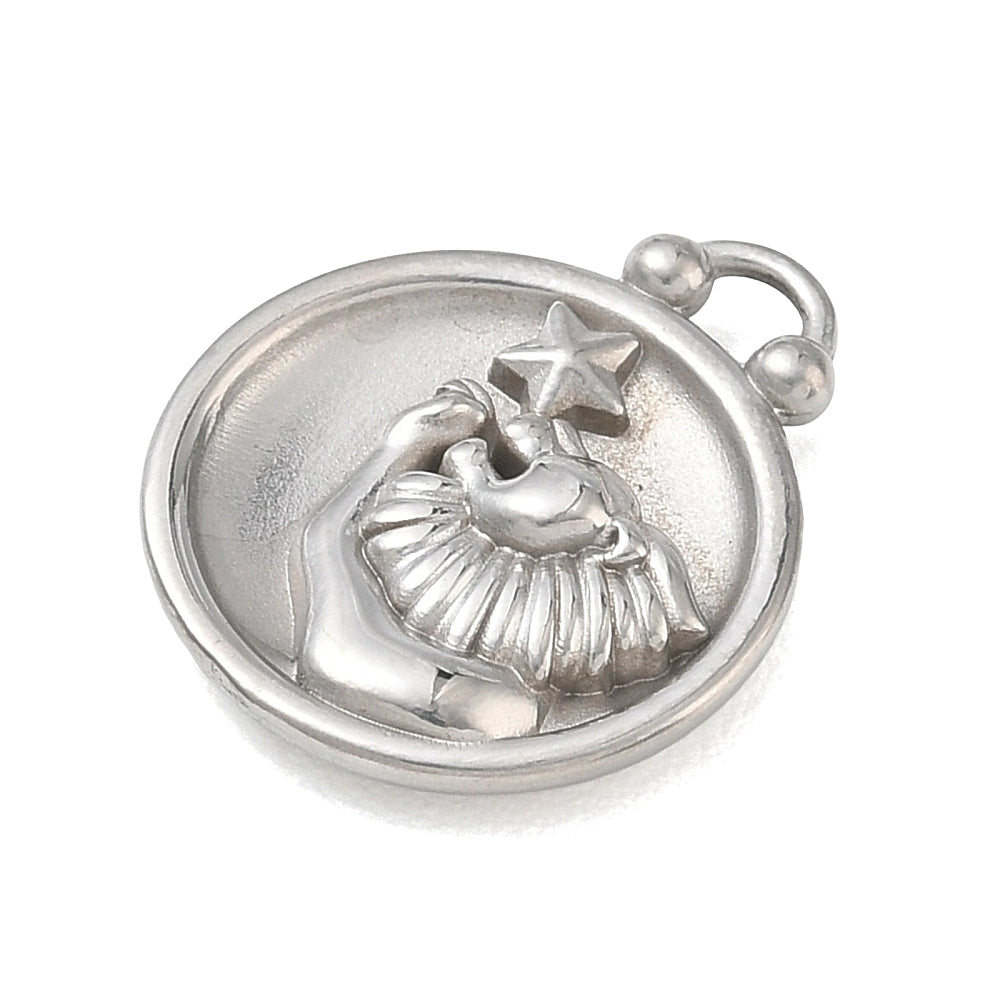 Stainless steel round pendant with leo constellation figure and top loop bail