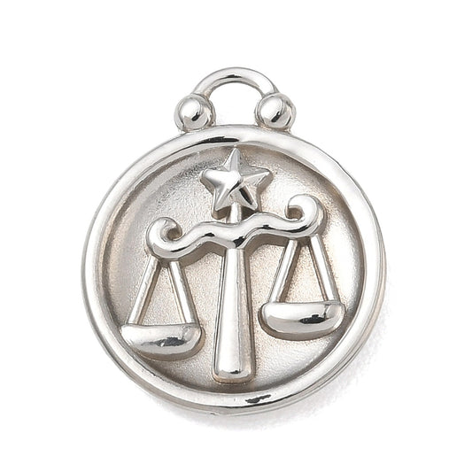 Silver round Libra zodiac charm pendant with engraved balance scales and star top loop