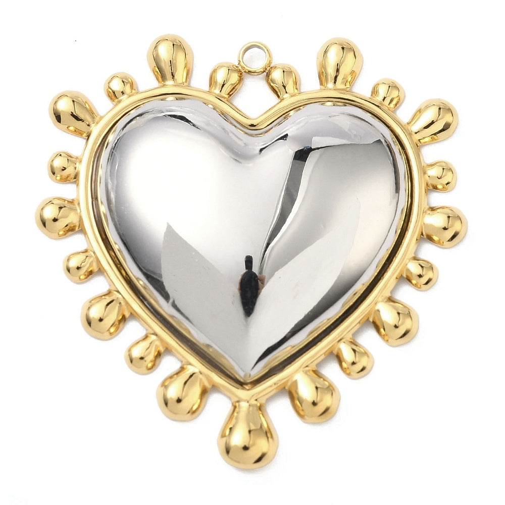 Two-tone heart pendant necklace, silver-tone stainless steel with gold-tone rim