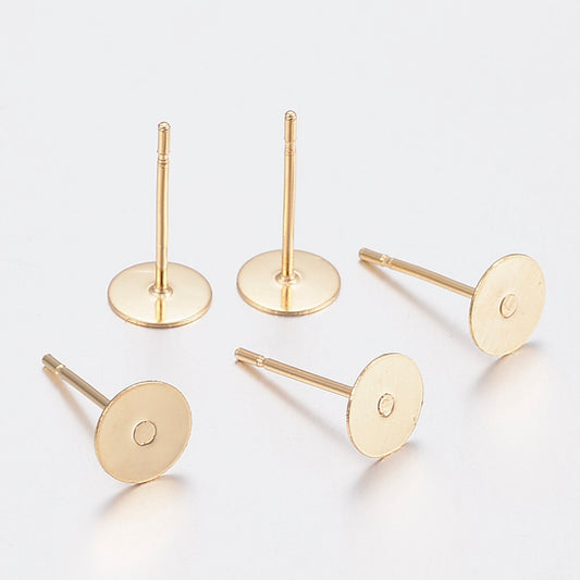 Gold-plated round flat stud earring findings with 6mm discs and straight posts