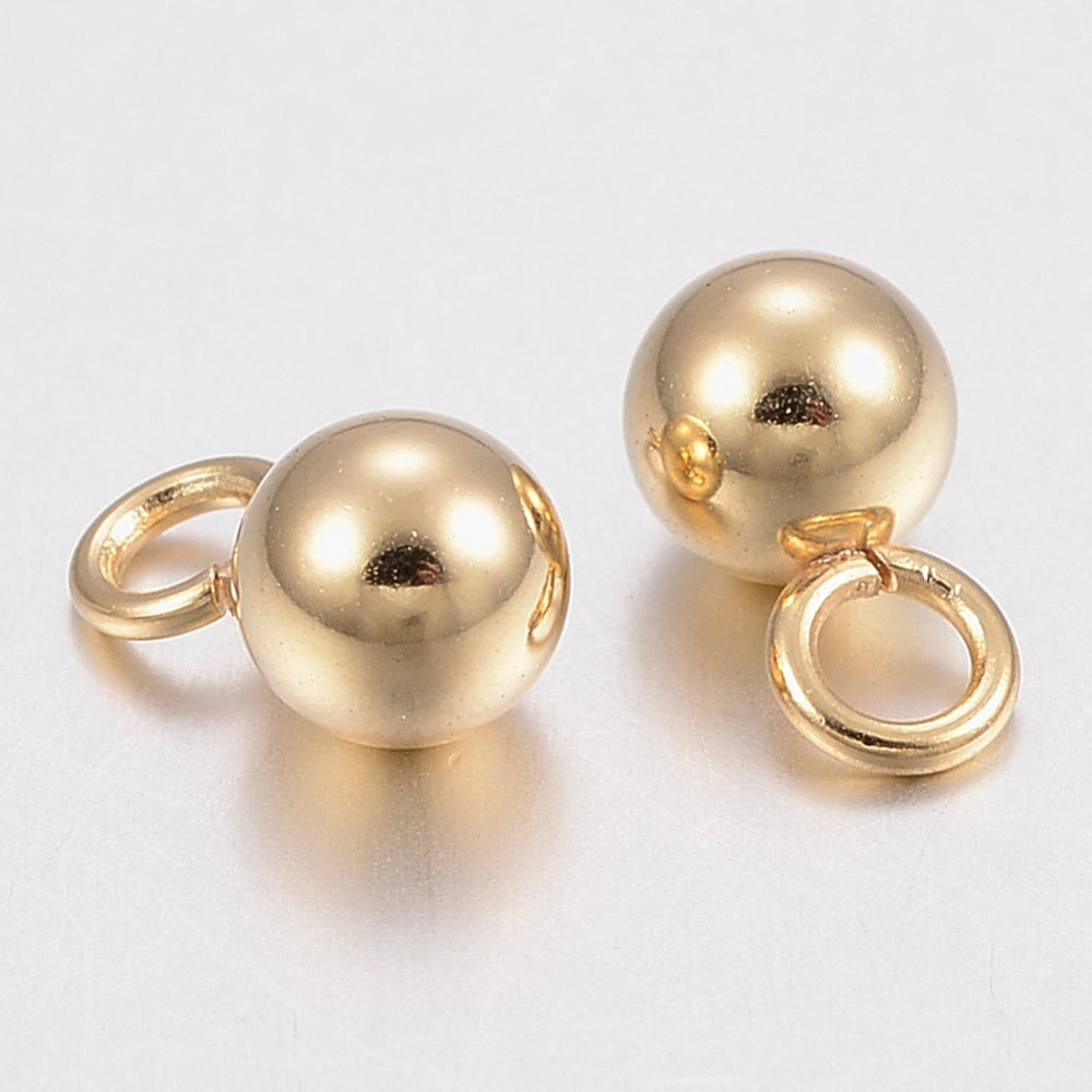 Gold round ball charm with side loop, smooth reflective bead