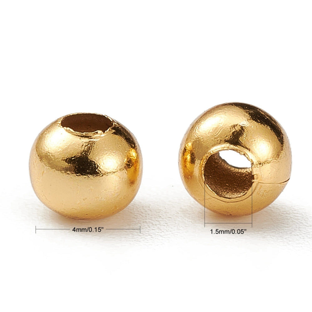 Gold-plated round beads, 4mm and 1.5mm sizes shown side by side