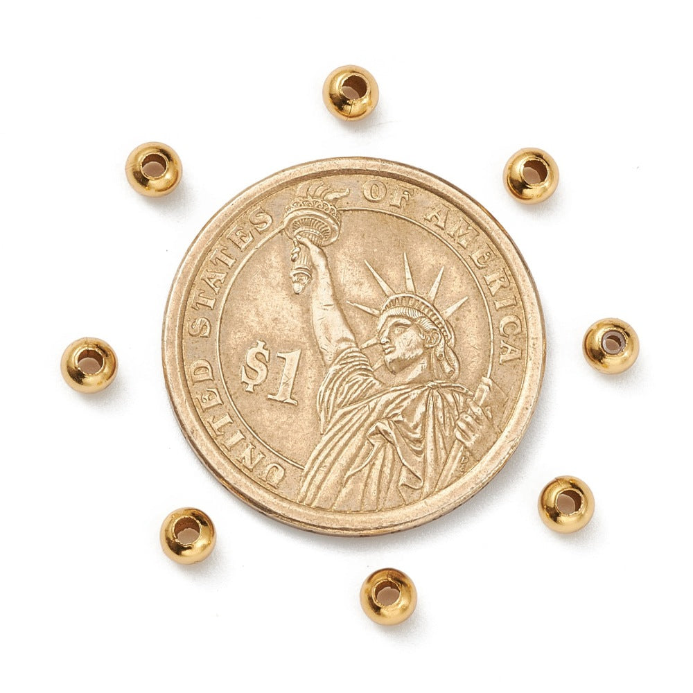 4mm round gold-plated stainless steel beads, small holes for threading