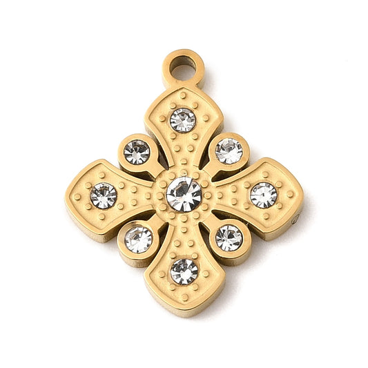 Gold-plated flower charm with rhinestone petals and top loop bail