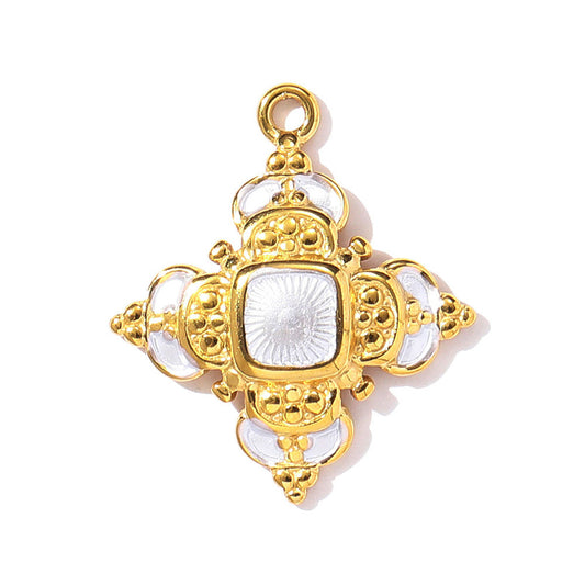 Gold-tone enamel flower charm with white petals and round center, top loop bail