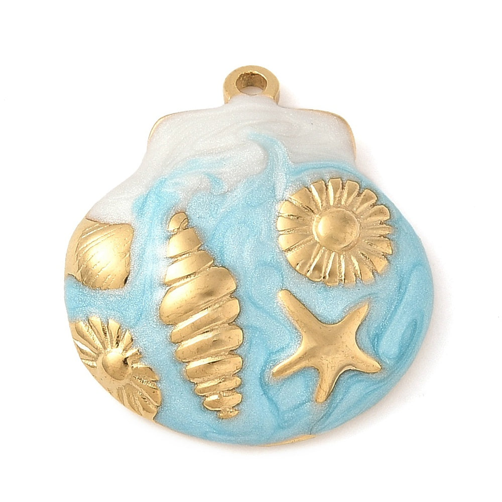 Sky blue enamel shell pendant with gold starfish, sunburst and ridged detailing