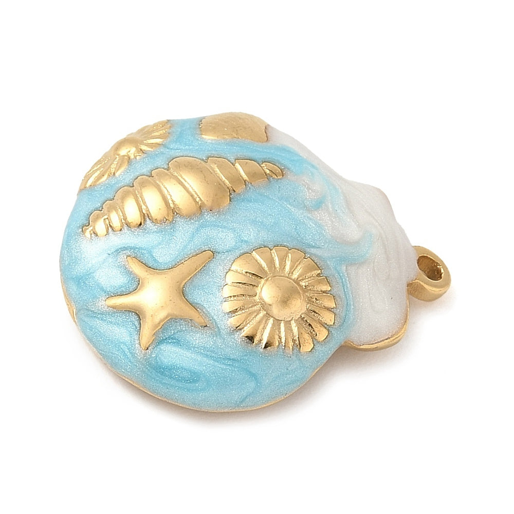Sky blue enamel shell pendant with gold starfish, sunburst and loop bail