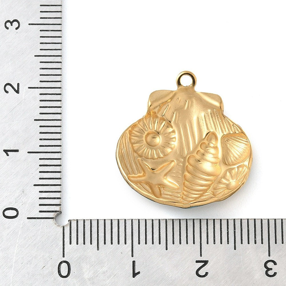 Gold shell pendant charm with raised ridged, sunburst and starfish details