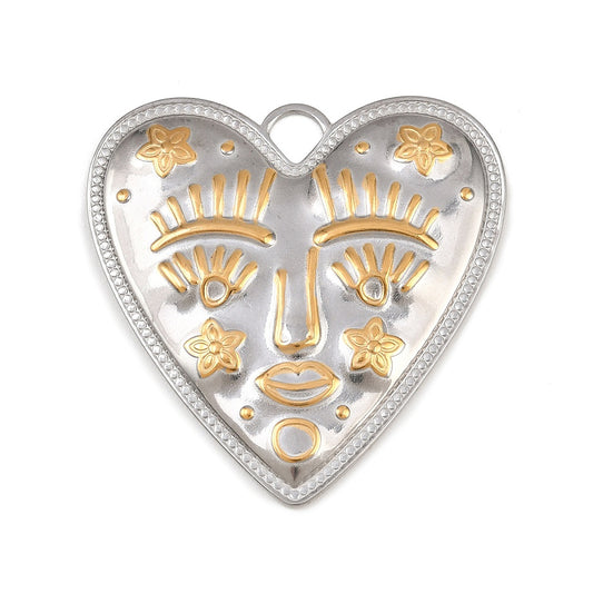 Heart pendant, silver-tone with gold accents, textured front and hanging loop