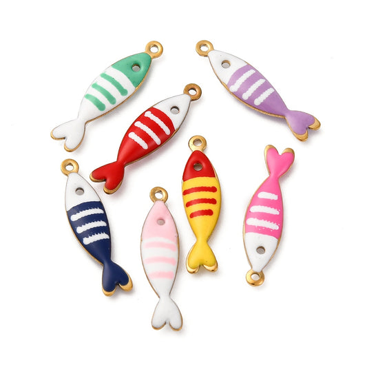 Enamel sardine fish charms, assorted colors, gold-tone loops, striped bodies.